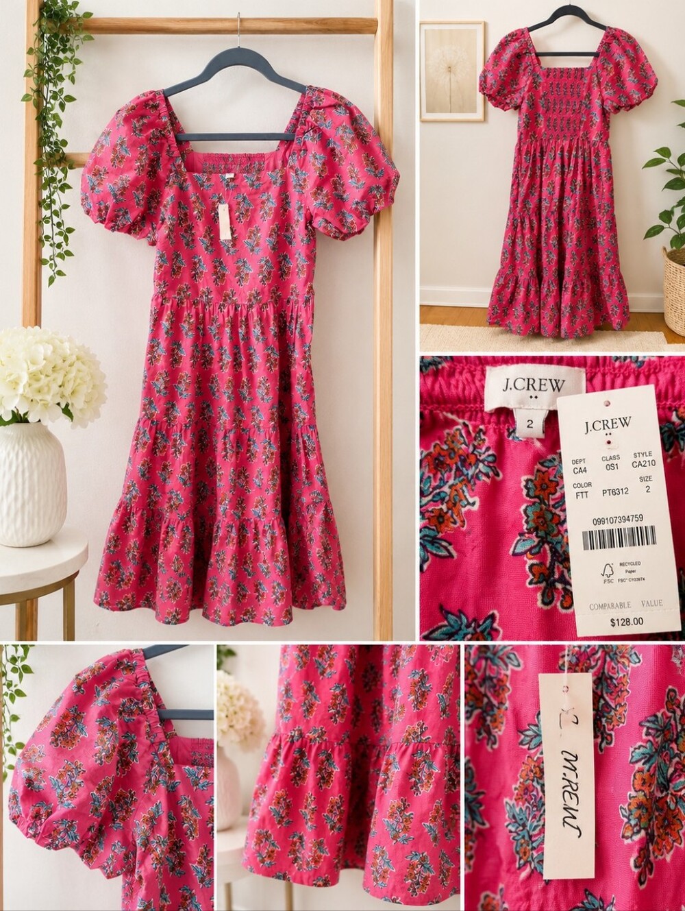 J. Crew Pink Floral Puff-Sleeve Dress